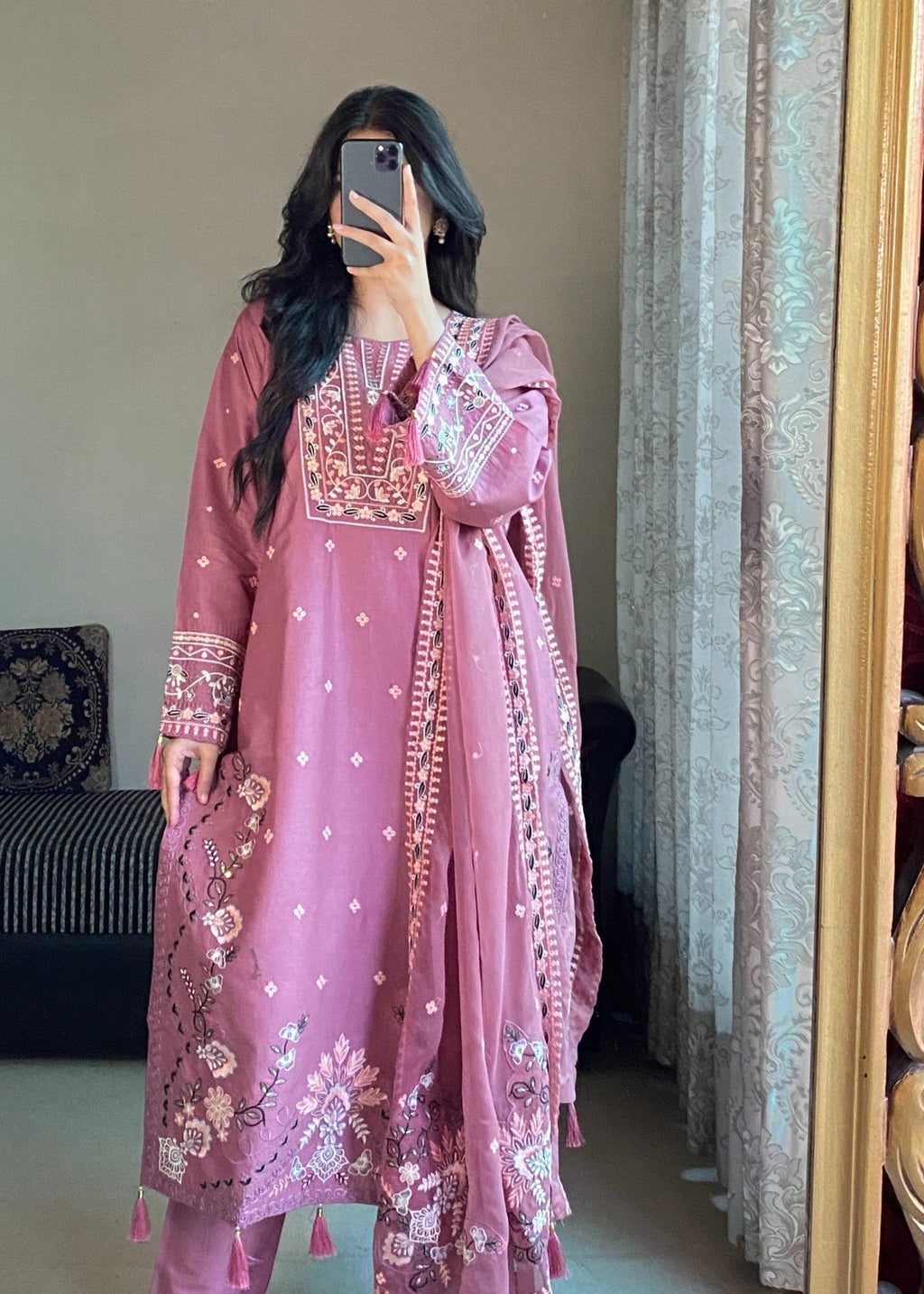 Dusty Rose Elegance embroidered 3-piece festive suit by Tehzeeb Libas