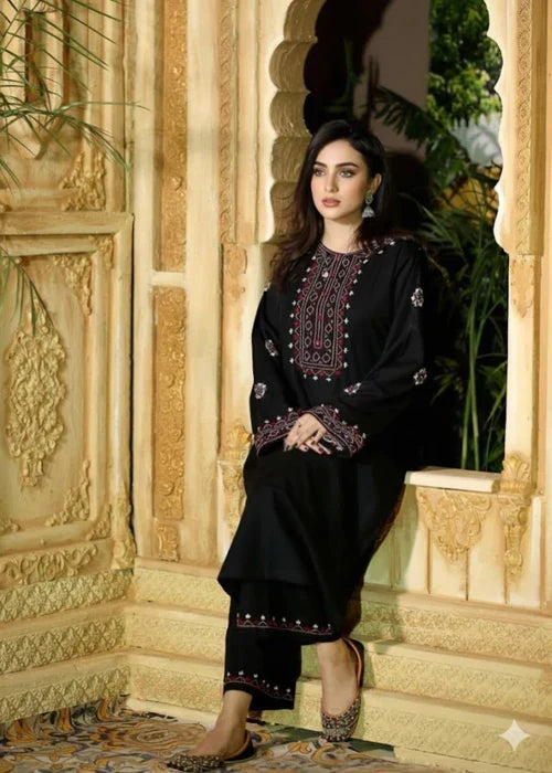 Midnight Maroon Embroidered Linen 2PC Suit