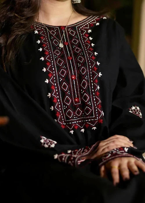 Midnight Maroon Embroidered Linen 2PC Suit
