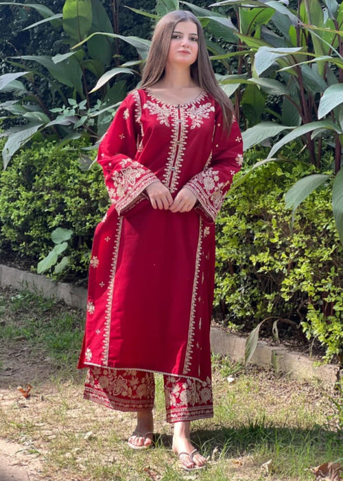 Berry embroidered 2-piece suit by Tehzeeb Libas (view 2)