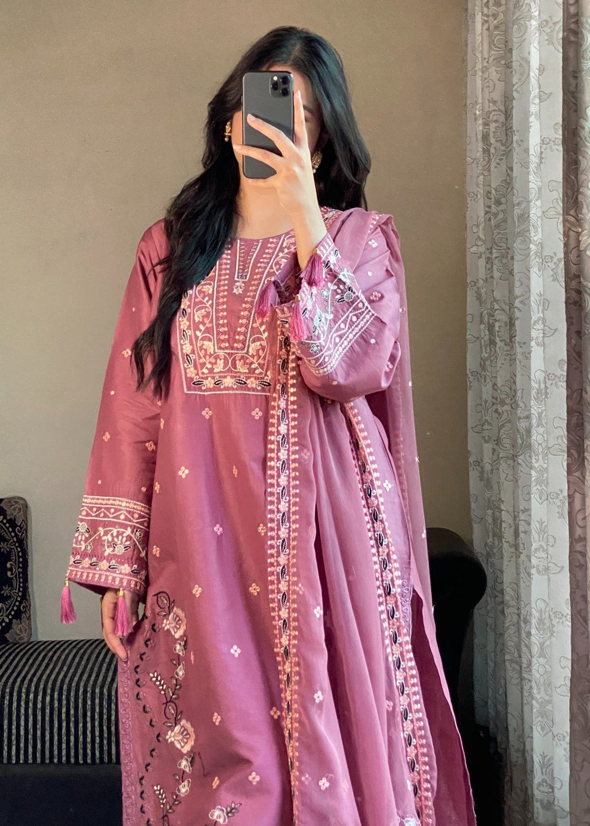 Dusty Rose Elegance embroidered 3-piece festive suit by Tehzeeb Libas (view 2)
