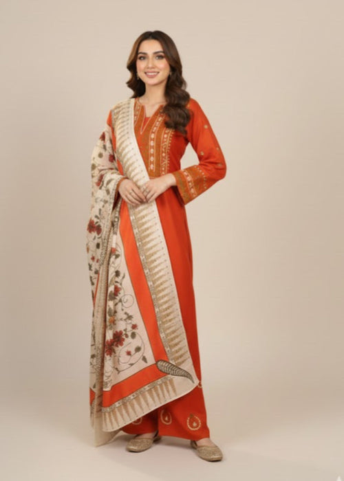 Ayat embroidered 3-piece suit with shawl by Tehzeeb Libas (view 2)
